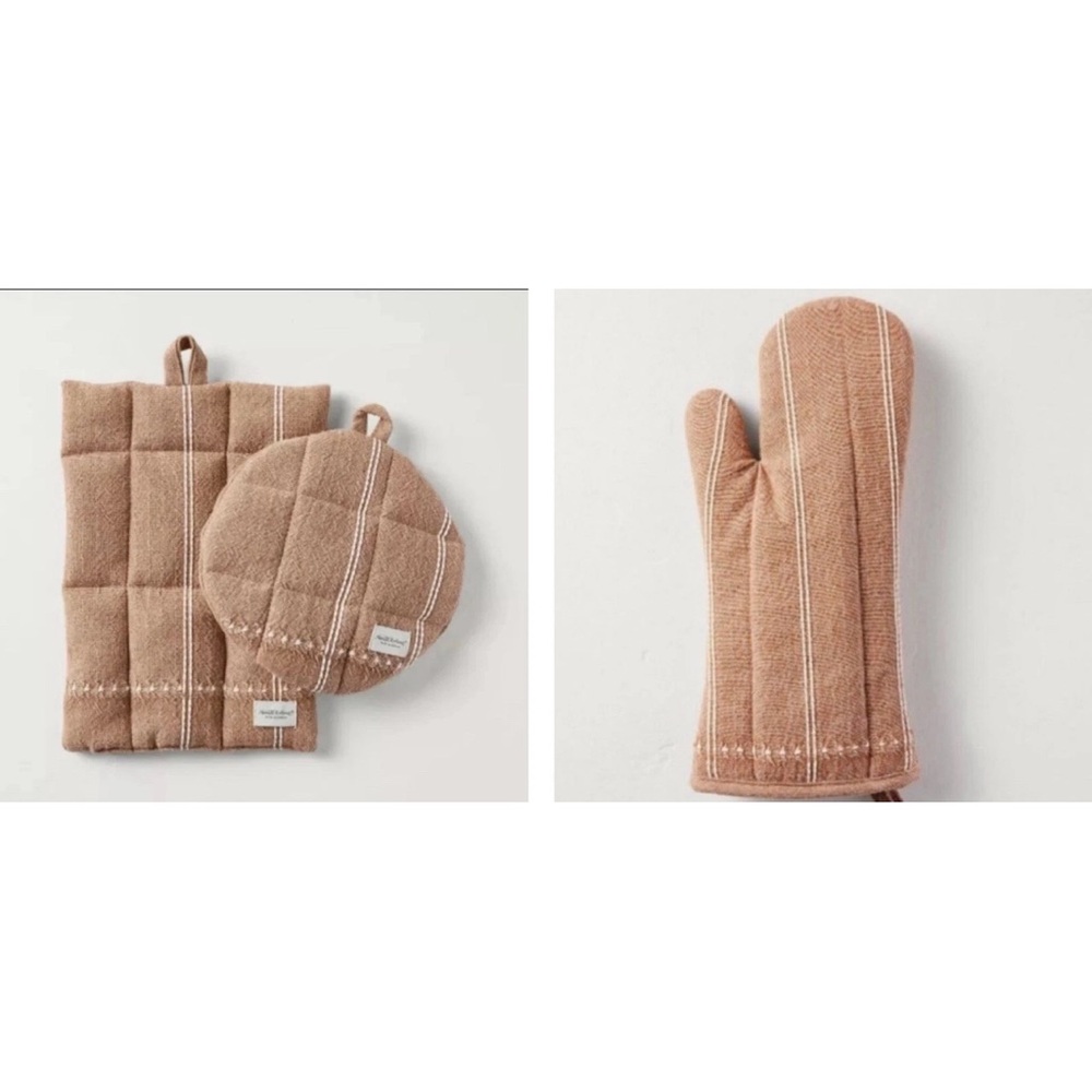 Hearth & Hand 3 PC SET Striped Pumpkin Brown Orange Oven Mitt & Potholders NEW!